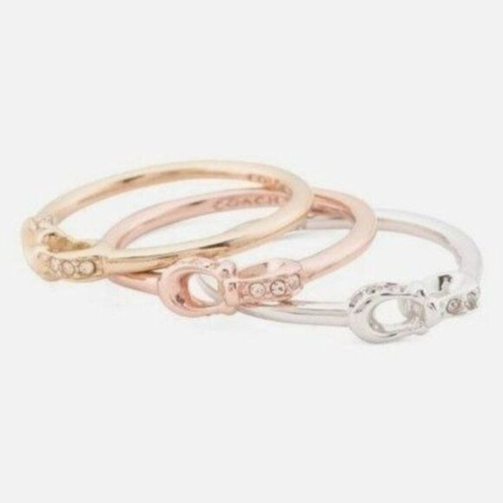COACH Ring 7 Signature logo Pave Crystals Ring Set Set of 3 Stackables Interlock - Picture 3 of 6
